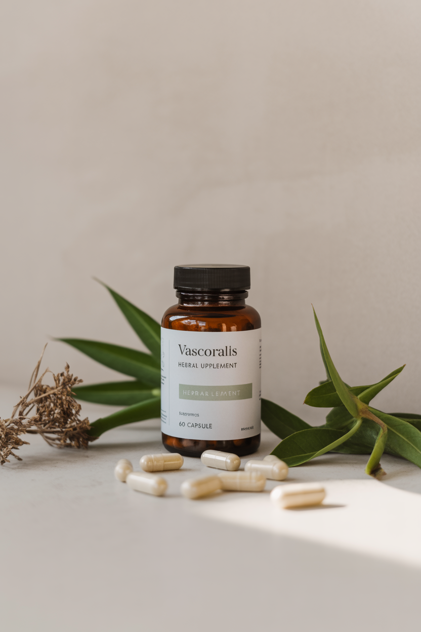 Vascoralis herbal supplement bottle beside natural botanical elements on a neutral surface